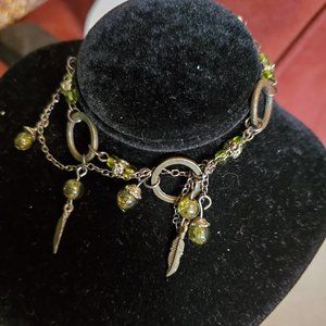 7.5" Gunmetal Feather Charm Beaded Bracelet Native